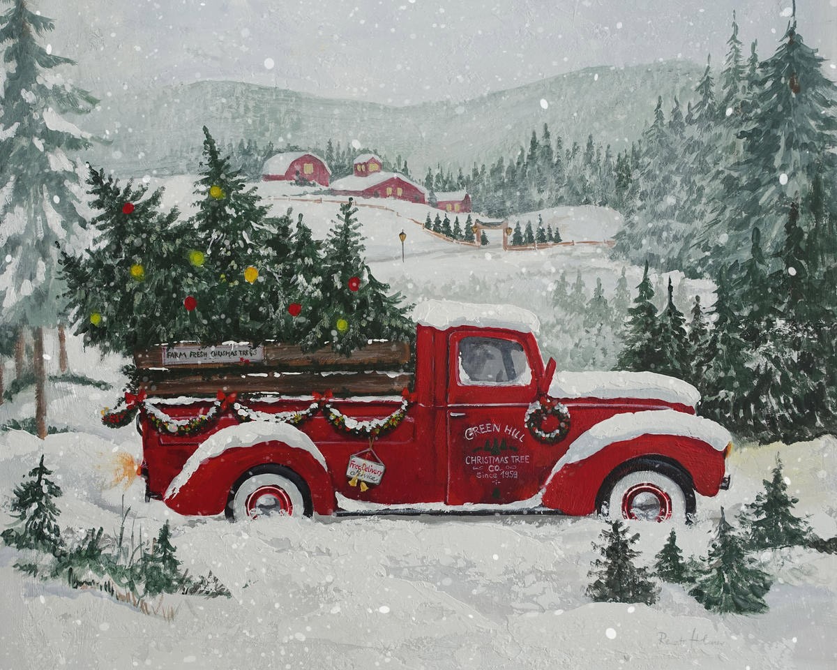 Renate Holzner, X-Mas-Truck Green Hill (Landschaft, Winterlandschaft, Truck, Lastwagen, Schnee, Idylle, Weihnachtsbäume Transport, Jahreszeit, Treppenhaus, Wohnzimmer, Wunschgröße, Malerei, bunt)