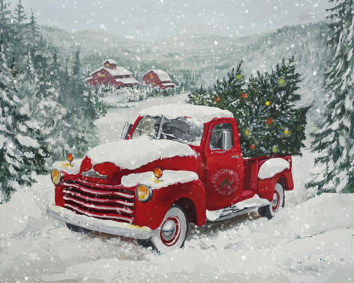 Renate Holzner, X-Mas-Truck Pine Wood (Landschaft, Winterlandschaft, Truck, Lastwagen, Schnee, Idylle, Weihnachtsbäume Transport, Jahreszeit, Treppenhaus, Wohnzimmer, Wunschgröße, Malerei, bunt)