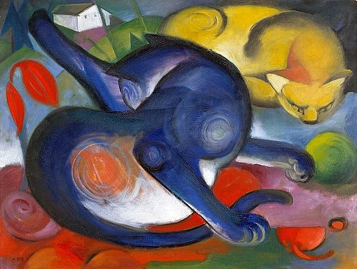 Franz Marc, Zwei Katzen, blau und gelb. (Marc,Franz,1880-1916,Basel,Kunstmuseum,Katze,Marc,Franz Marc,Blauer Reiter,Expressionismus,blau,gelb,bunt,20. Jahrhundert,20. Jh.)