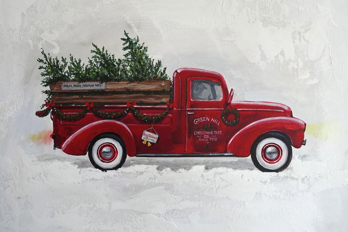 Renate Holzner, X-Mas-Truck Trees (Truck, Lastwagen, abstakter Hintergrund, Weihnachtsbäume Transport, Jahreszeit, Treppenhaus, Wohnzimmer, Wunschgröße, Malerei, bunt)