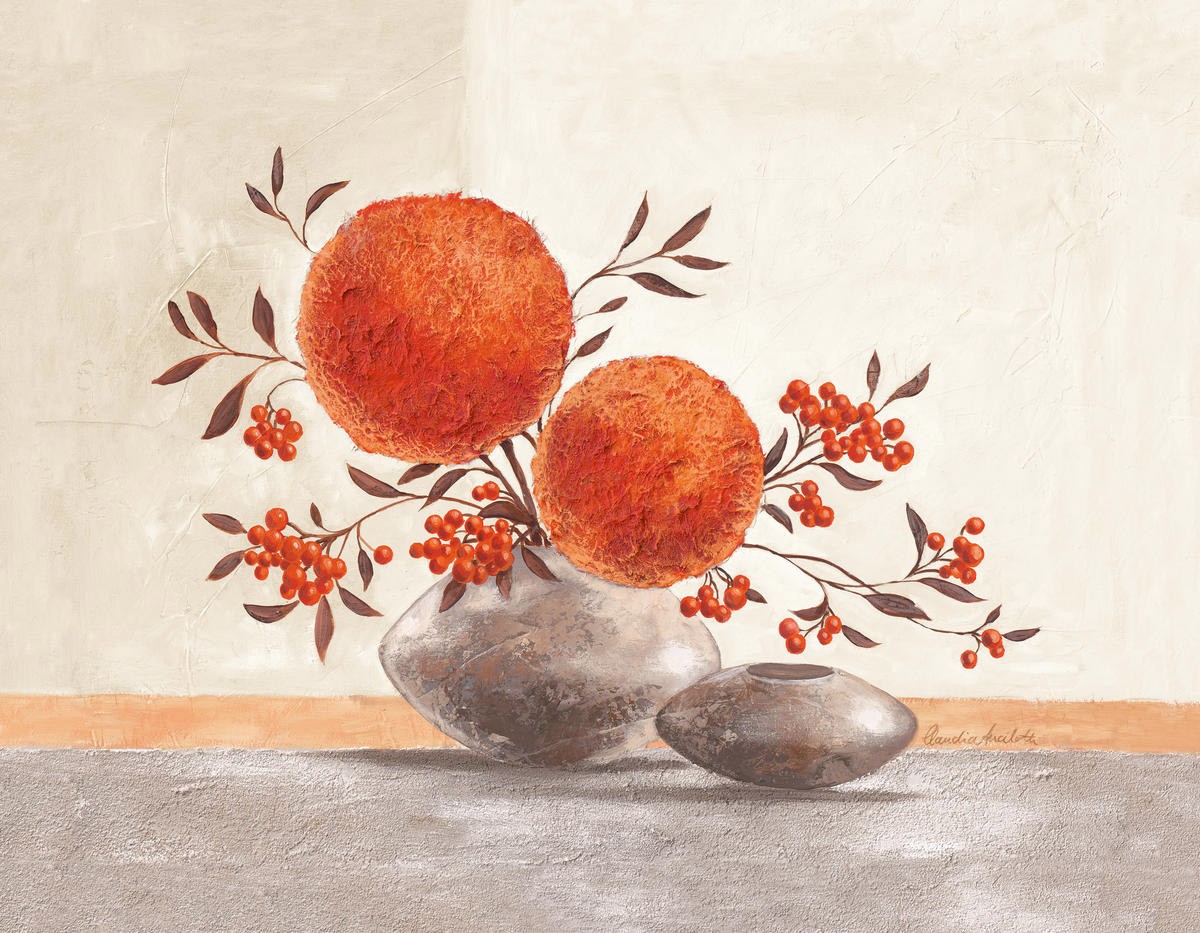 Claudia Ancilotti, Inspiration Power (Stillleben, Blumenvasen,   Blütenzweig, rote Blüten, modern, Wunschgröße, Treppenhaus, Wohnzimmer, Esszimmer, beige/grau/rot)