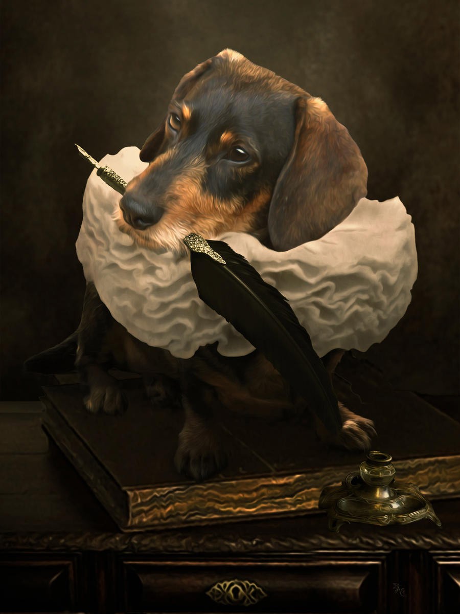 Babette, Neuf met kraag en bureau (Hund, Dackel, Kragen, Rüschenkragen, Feder, Schreiben, Büro, Jugendzimmer, Wohnzimmer, Treppenhaus, Wunschgröße, Digitalkunst, bunt)