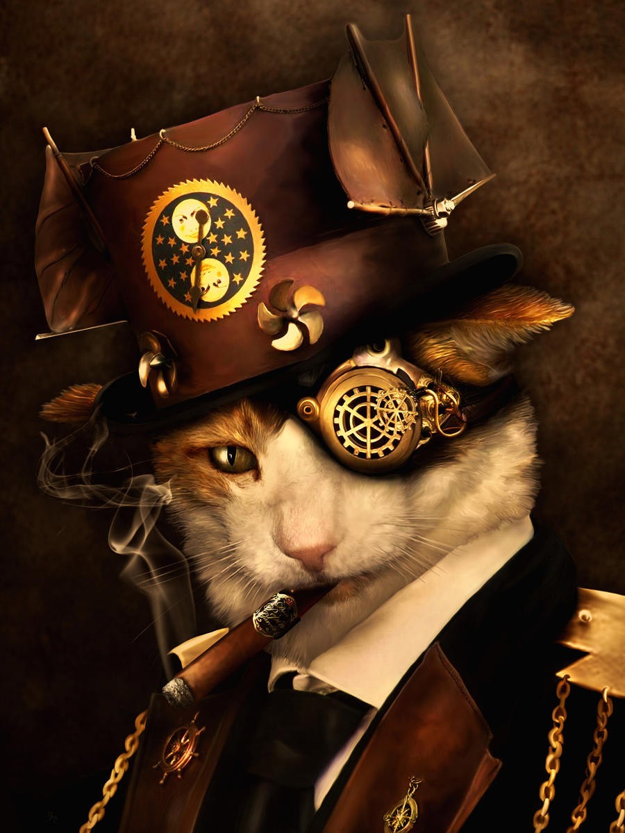 Babette, Pipo Steamer (Steam Punk, Katze, Zigarre,  Fantasy, Science fiction,  Traumwelt, Jugendzimmer, Wohnzimmer, Treppenhaus, Wunschgröße, Digitalkunst, bunt)