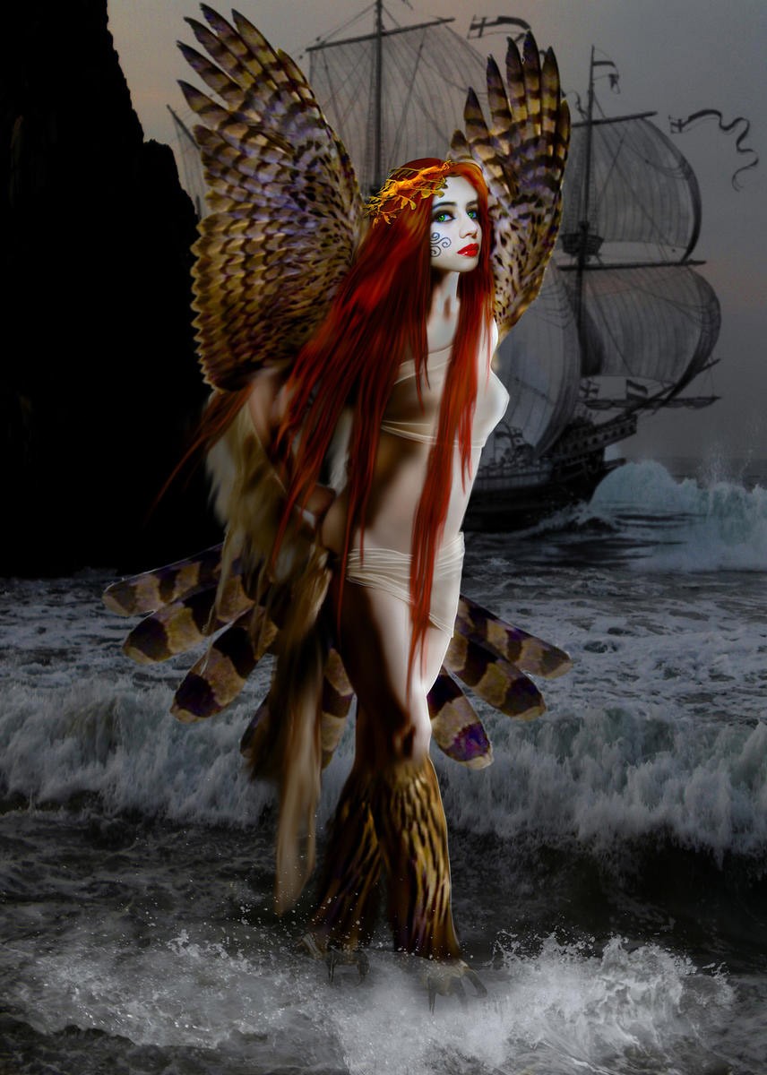 Babette, The Sirens (Sirene, Schiff, Schiffsbruch, Meer, düster, Magie, mystisch, Gothic, Fantasy, Märchen, Traumwelt, Gothic, Jugendzimmer,  Wohnzimmer, Treppenhaus, Wunschgröße, Digitalkunst, bunt)