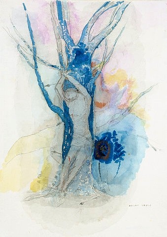 Odilon Redon, Martyrium des hl. Sebastian (Studie zum Ölgemälde). 1910 (Wunschgröße, klassische Moderne, Symbolismus, Figurativ, Heiliger, Sebastian, Martyrium, Pfeile, Folter, Religion, durchbohren, Treppenhaus, Wohnzimmer,Studie, Zeichnung, bunt)