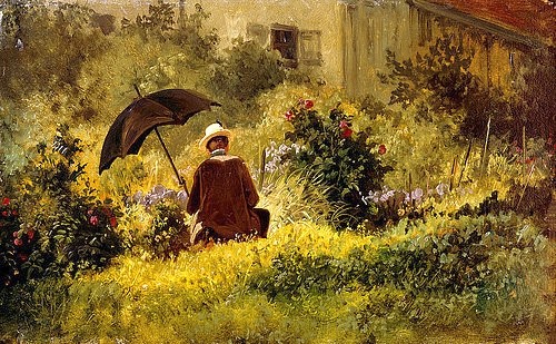 Carl Spitzweg, Der Maler im Garten. (Spitzweg,Carl,1808-1885,Winterthur,Museum Stiftung Oskar Reinhart,Öl/Karton,19. Jahrhundert,Spitzweg, Carl Spitzweg,1808-1885,Biedermeier,Sommer,Schirm,Sonnenschirm,Maler,Garten,Rückenfigur,Bauerngarten,Maler,Hobbymaler,plein air Malerei)