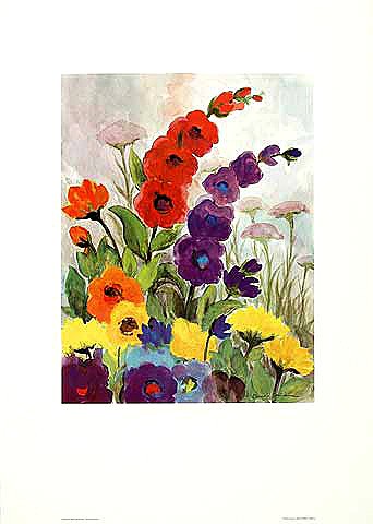 Eleonore Baur-Brinkman, Noldegarten I (Blumen, Blüten, Sommerblumen, Blumengarten, Blütenpracht,  Wohnzimmer, Büro, Treppenhaus, Malerei, zeitgenössisch, bunt)