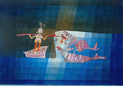 Paul Klee, Kampfszene aus der komisch-phantastischen Oper 'Der Seefahrer'. 1923 (20. Jahrhundert,Ölpause,Bleistift,Aquarell und Gouache auf Papier,Privatbesitz Dürst,Muttens,1879-1940,Klee,Paul,Klee, Paul Klee,20. Jahrhundert,Ritter,Krieger,Seefahrer,Fisch,Fische,Fischfang,Beute,Kampf,Fischer,Harpune,Boot)