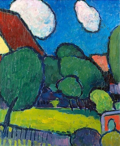 Alexej von Jawlensky, Große Wolken, große Bäume. 1909. (Landschaft,Expressionismus,Der Blaue Reiter,20. Jahrhundert,Öl/Karton,1864-1941,Jawlensky,Alexej von,Privatbesitz,Bäume,Wolken,Jawlensky, Alexej von 1864-1941,malerisch,Garten,Sommer)