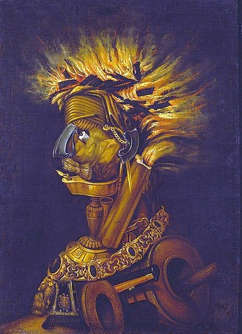 Giuseppe Arcimboldo, Allegorie des Feuers. (Wunschgröße, Gesicht, Portrait,  Feuer, Elemente, Flammen, Personifizierung, bizarr, Manierismus, Allegorie, Figurativ, Klassiker, Wohnzimmer, bunt)