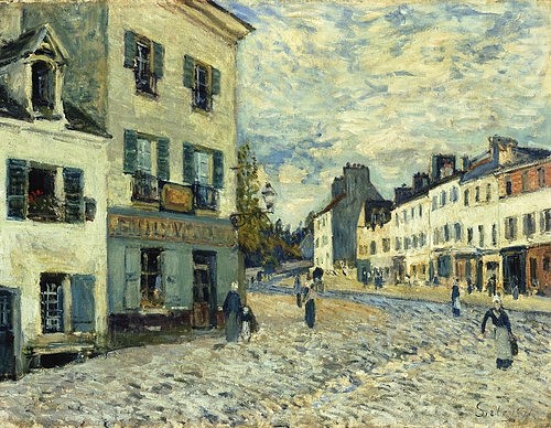 Alfred Sisley, Marktplatz in Marly. 1876 (Stadt, Marktplatz, Häuser, Architektur, Menschen, Wohnzimmer, Treppenhaus, Impressionismus, Klassische Moderne, Malerei, Wunschgröße, bunt)