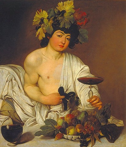 Michelangelo Merisi da Caravaggio, Junger Bacchus. (Jüngling, Weingott, sinnlich, junger Mann, lasziv, Obstkorb, Früchte, üppig, Ernte,  Weinkelch, Weimnlaug, Kranz, Hell-Dunkel, Barock, Klassiker, Malerei, Wunschgröße, Wohnzimmer, Esszimmer)