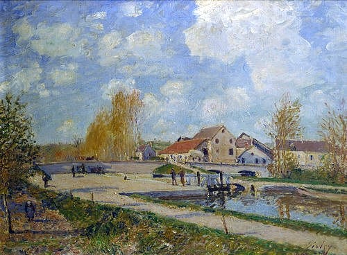 Alfred Sisley, Die Schleuse von Moret. 1882 (Prag,National (Narodni) Galerie,Sisley,Alfred,1839-1899,Sisley,Alfred Sisley,19. Jahrhundert,Impressionismus,Schleuse,Frankreich,Wolken,Fluss,Fluß)