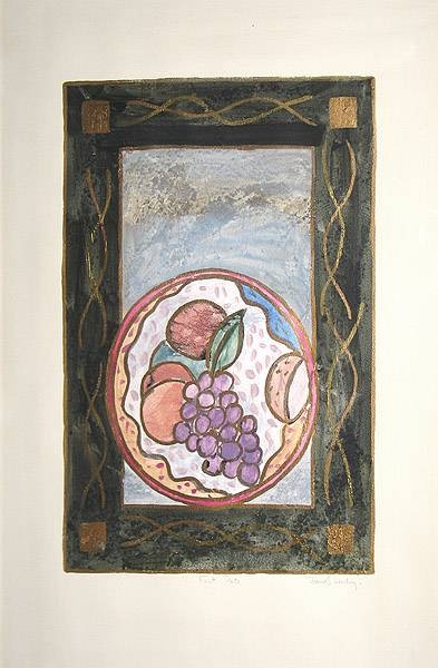 Wesley James Fruit and Plate (Monotypie) (Rahmen, Fenster, Obst, Obstteller, Grafik, Druck, Original, Treppenhaus, Esszimmer,)