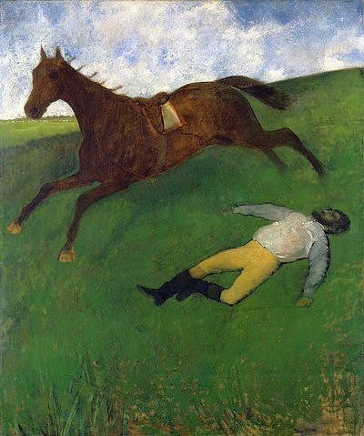 Edgar Degas, Der gestürzte Jockey (Jockey blessé). 1866, um 1896/98 übermalt (Degas,Edgar,1834-1917,Basel,Kunstmuseum,Öl auf Leinwand,19. Jahrhundert,Reiten,Unglück,Pferd,Degas, Edgar 1834-1917,Reiter,Jockey,runterfallen,stürzen,Sturz, französischer impressionismus,impressionistisch,französisch)