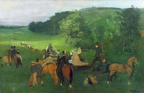 Edgar Degas, Auf dem Rennplatz. 1860-62 (Degas,Edgar,1834-1917,Basel,Kunstmuseum,Öl auf Leinwand,Degas, Edgar Degas,19. Jahrhundert,Impressionismus,Sport,Reiten,Reitsport,Pferdesport,Pferde,Rennen,Wettbewerb,Gesellschaft,Kutsche,Pferdekutsche,Zuschauer,zuschauen,Rückenansicht,Freizeit,von hinten)