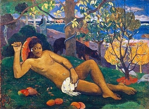 Paul Gauguin, Die Frau des Königs (Te arii vahine). 1896 (19. Jahrhundert,Öl auf Leinwand,Moskau,Puschkin-Museum,1848-1903,Gauguin,Paul,Hautfarbe,Südsee,Weiblicher Akt,Gauguin, Paul 1848-1903,Einheimische,Tahiti,liegen,tropisch,Südfrüchte,Mangos,Fächer,ausruhen,Rast)