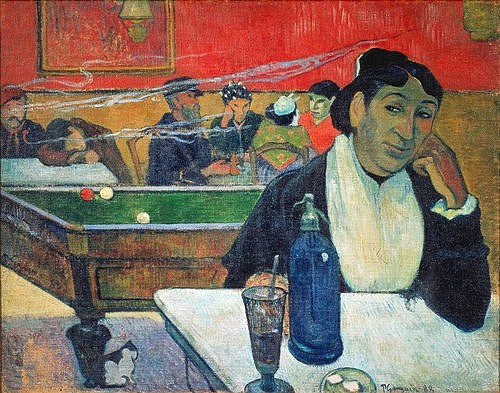 Paul Gauguin, Im Café in Arles (Madame Ginoux). (19. Jahrhundert,Öl auf Leinwand,Moskau,Puschkin-Museum,1848-1903,Gauguin,Paul,Restaurant,Spielen,Rauchen,Saft,Gauguin, Paul 1848-1903,Frau,aufgestützt,Billiardtisch,Billiard,Absinth)