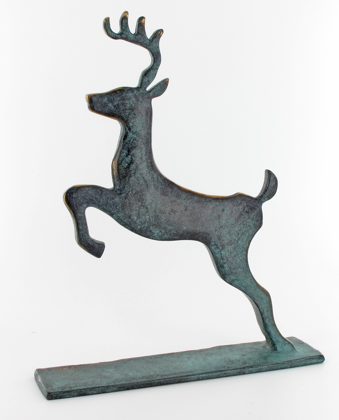 Raimund Schmelter, Hirsch, 29 x 23cm (Hirsch, Wild, Sprung, kraftvoll, dynamisch, reduziert, Tiere, Skulptur, Plinthe, Bronze,  Metall, Plastik,  Wohnzimmer, Büro, Patina, bronzefarben)