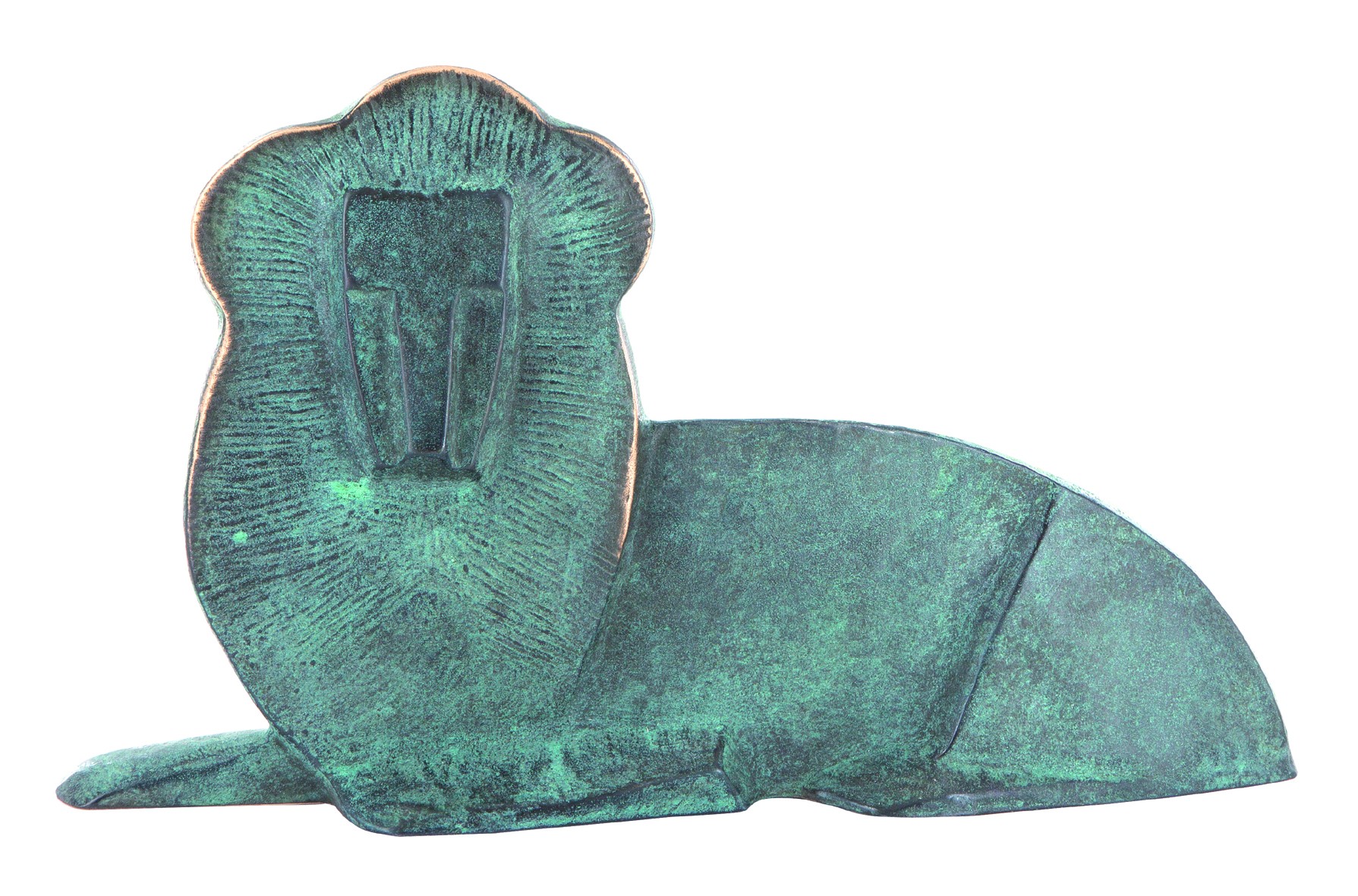 Raimund Schmelter, Löwe, 26 x 16cm (Löwe, liegender Löwe, Raubkatze, stilisiert, reduziert, Tiere, Skulptur, Bronze, Metall, Plastik,  Wohnzimmer, Büro, Patina, bronzefarben)