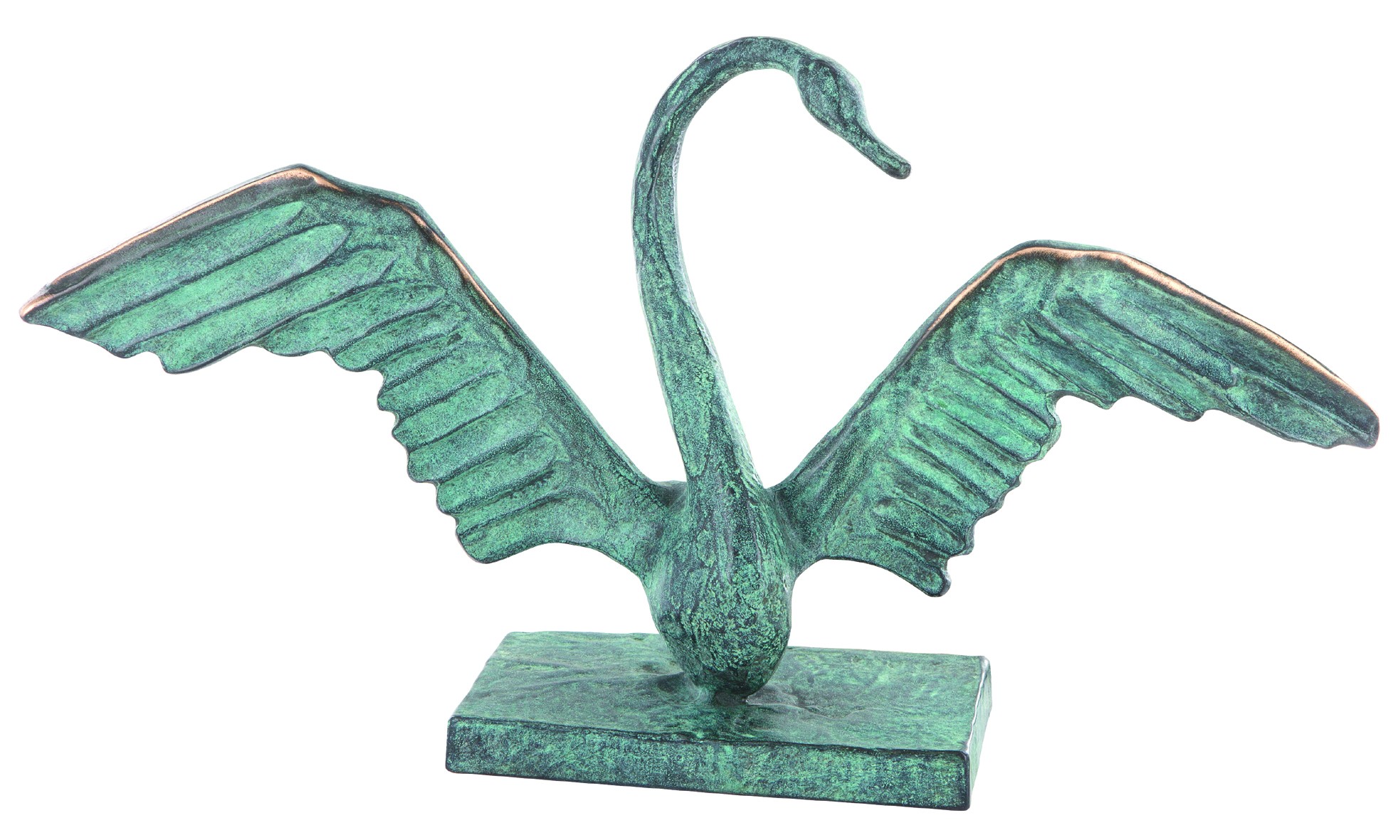 Raimund Schmelter, Schwan, 33 x 17cm (Schwan, Vogel, Wasservogel, Flügel, kraftvoll, Eleganz, stilisiert, reduziert, Tiere, Skulptur, Bronze, Metall, Plastik, Plinthe, Wohnzimmer, Patina, bronzefarben)