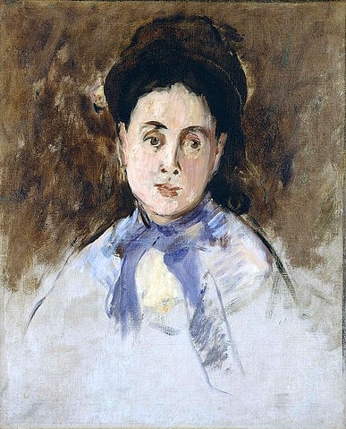 Édouard Manet, Bildnis einer Dame. Um 1870 (Portrait, Frau, Gesicht, Bildnis, blaue Schleife, Impressionismus, Wohnzimmer, Klassiker, Wunschgröße,)