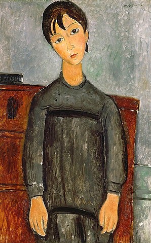 Amadeo Modigliani, Mädchen mit schwarzer Schürze. (Basel,Kunstmuseum,Modigliani,Amadeo,1884-1920,Fotograf:  ? Hans Hinz - ARTOTHEK,Kinder,Modigliani, Amadeo 1884-1920,hängende Schultern)