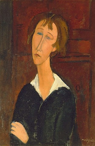 Amadeo Modigliani, Junge Frau mit weißem Kragen. (Portrait,20. Jahrhundert,Besitz: Heymann,Binningen,1884-1920,Modigliani,Amadeo,Frau,Modigliani, Amadeo Modigliani,1884-1920,traurig,Gefühle,gefühlvoll,schmal,gelängt,weißer Kragen)
