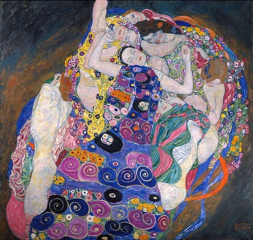 Gustav Klimt, Die Jungfrau. 1913 (Wunschgröße, Klassische Moderne,dekorativ, Jugendstil, Eros&People, Frauen,  Umarmung, Erotik, Ornamente, geometrische Formen, bunt, Wohnzimmer, Treppenhaus, Schlafzimmer, Wunschgröße, Malerei)