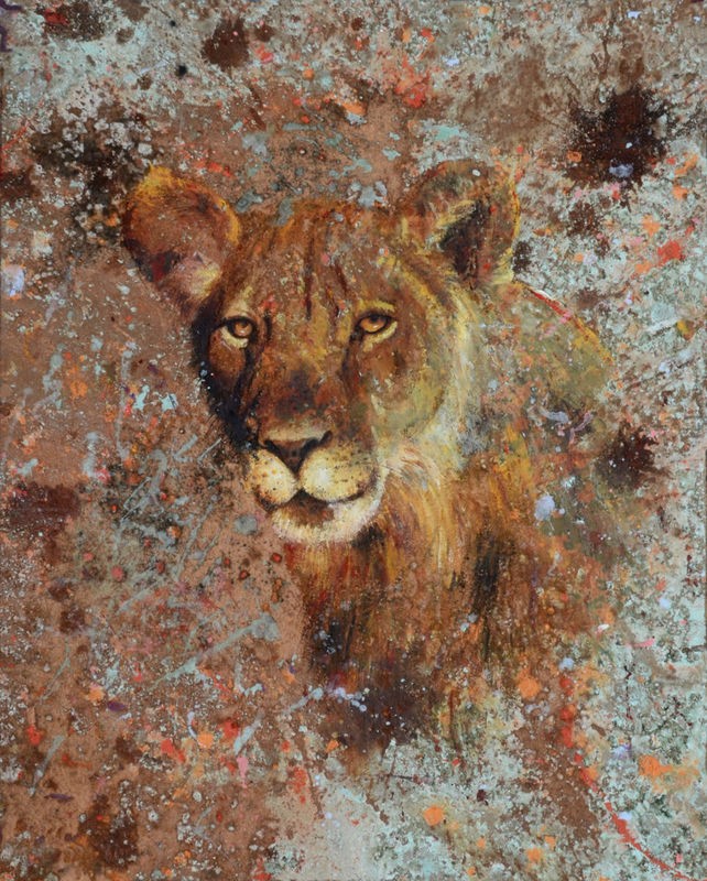 Jean-Marc Chamard, Lion (Löwin, Raubkatze, Großkatze, Raubtier, Tier,aufmerksam, modern, Wohnzimmer, Treppenhaus, Malerei, Wunschgröße, bunt)