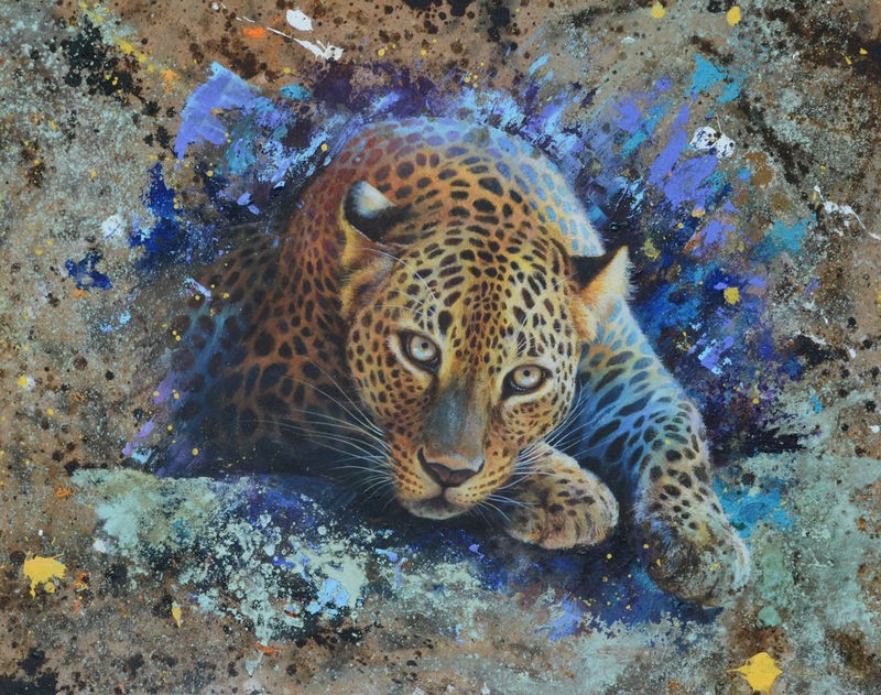 Jean-Marc Chamard, Panther 02 (Leopard, Raubkatze, Großkatze, Raubtier, Tier, aufmerksam, modern, Wohnzimmer, Treppenhaus, Malerei, Wunschgröße, bunt)