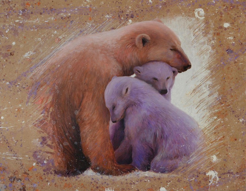 Jean-Marc Chamard, Polar bear with two cubs (Mutter/Kind, Fürsorge, Eisbären, Tiere,  modern, Wohnzimmer, Treppenhaus, Malerei, Wunschgröße, bunt)