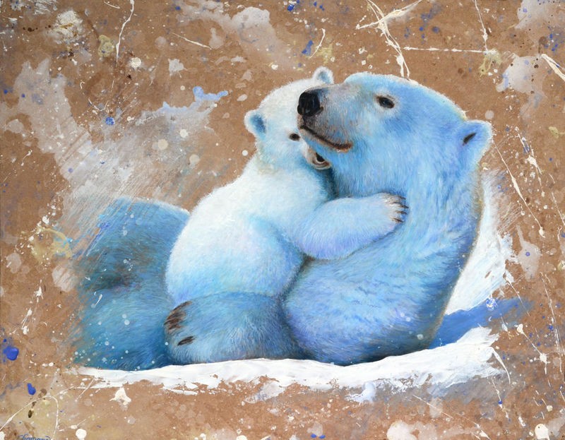 Jean-Marc Chamard, Polar bear with cub 02 (Mutter/Kind, Fürsorge, Eisbären, Tiere,  modern, Wohnzimmer, Treppenhaus, Malerei, Wunschgröße, bunt)