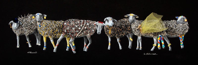 Jean-Marc Chamard, Sheep 01 (Schafe, Blumenschafe, Tüll, Typen, witzig, lustig, Antropomorphismus, Tiere,  modern, Wohnzimmer, Treppenhaus, Malerei, Wunschgröße, bunt)