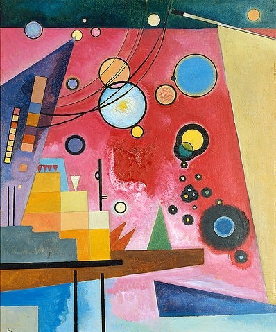 Wassily Kandinsky, Schweres Rot. 1924 (Klassische Moderne, Malerei, abstrakte Kunst, geometrische Formen, abstrakte Muster, Linien, Kreise, Dreiecke, Bögen, Wohnzimmer, Büro, Arztpraxis, Wunschgröße, bunt)