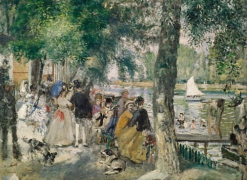 Pierre-Auguste Renoir, Baden an der Seine (La Grenouillere). 1869. (Gesellschaft, Park, Fluss, Seine, Sommer, Freizeit, Paris, Badende, Impressionismus, klassische Moderne, Wunschgröße, Wohnzimmer, Malerei)