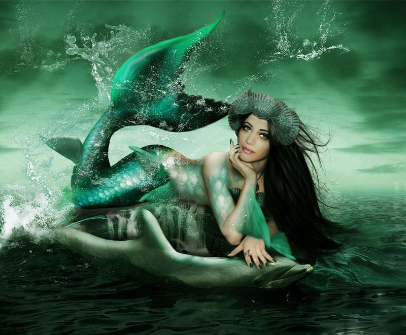 Babette, Splash (Nixe, Wassernixe, Fischschwanz, Delphin, Magie, mystisch, Fantasy, Märchen, Traumwelt, Jugendzimmer, Schlafzimmer, Wohnzimmer, Treppenhaus, Wunschgröße, Digitalkunst, grün)