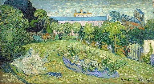 Vincent van Gogh, Der Garten von Daubigny. 1890 (Gogh,Vincent van,1853-1890,Staechelin'sche Familienstiftung,Öl auf Leinwand,Garten,Gogh, Vincent van Gogh,19. Jahrhundert,Post-Impressionismus,grün,Katze,Kirche,Blumenbeet,Gartenbank,Bäume,Rückzugsort,Rasen,Gras)