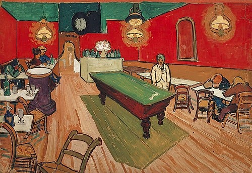 Vincent van Gogh, Das Nachtcafé in Arles. 1888 (Gogh,Vincent van,1853-1890,Privatbes. Prof.Hahnloser,Bern,Aquarell,19. Jahrhundert,Wirtshaus,Spielen,Gogh, Vincent van Gogh,Post-Impressionismus,Billiard,Billiardtisch,Interieur,Lampen,Café,Bar,Nachtleben,rot Nacht Cafe)