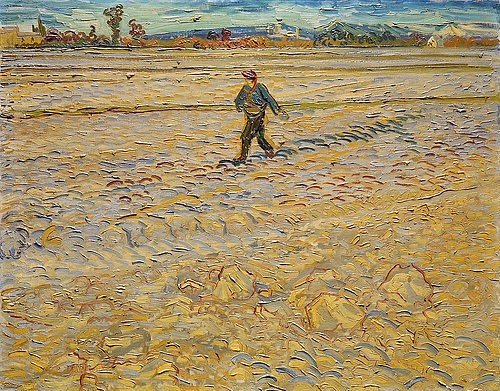 Vincent van Gogh, Der Sämann. 1888 (19. Jahrhundert,Sammlung Jaeggli-Hahnloser,1853-1890,Gogh,Vincent van,Bauer,Feld,Kornfeld,Getreide,Gogh, Vincent van Gogh,gelb,Acker,Säer,Saat,säen,Post-Impressionismus)