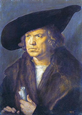 Albrecht Dürer, Bildnis eines Mannes. 1524. (Madrid,Museo del Prado,Dürer,Albrecht,1471-1528,Öl auf Holz,Dürer, Albrecht Dürer,Mann,Kopfbedeckung,Hut,Hutkrempe,Krempe,Pelz,Gefühle,grimmig,zornig,Zettel,ernst,streng,strenger Blick)