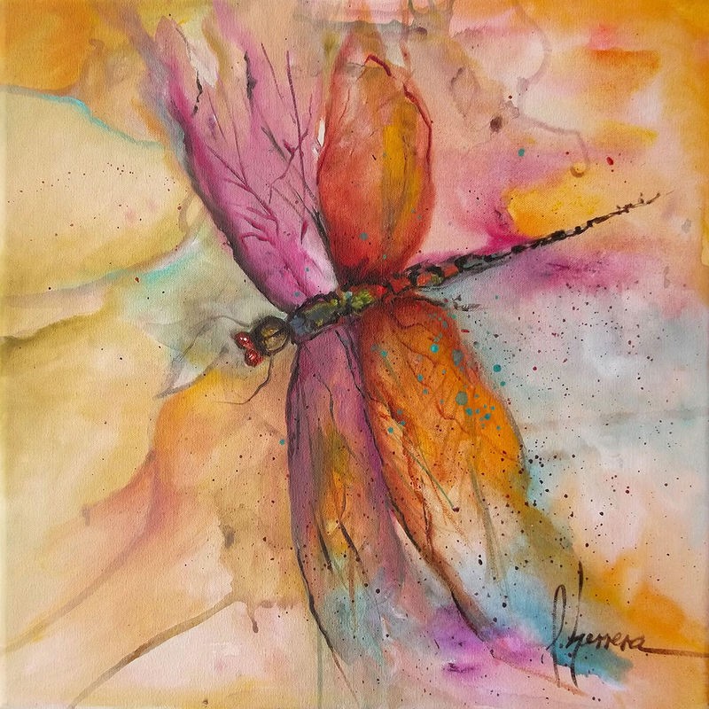 Leticia Herrera, Libelula 1 (Libelle, Insekt, Aquarell, Malerei, modern, zeitgenössisch,   Wunschgröße, Wohnzimmer,  Treppenhaus, Wunschgröße, bunt)