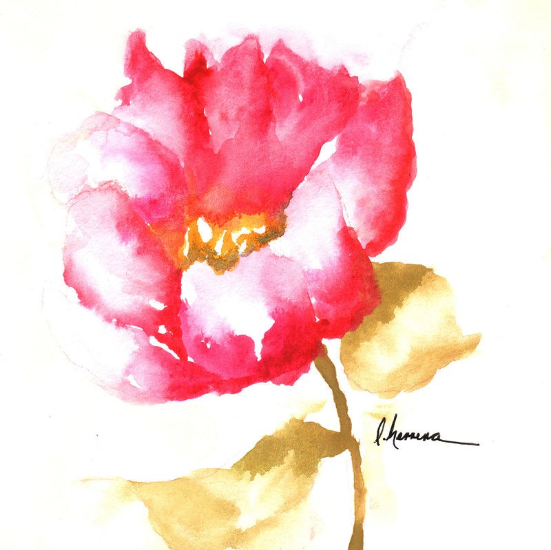 Leticia Herrera, Flor Amapola (Blume, Mohn, Blüte, Aquarell, Malerei, modern, zeitgenössisch,   Wunschgröße, Wohnzimmer,  Treppenhaus, Wunschgröße, violett/weiß)