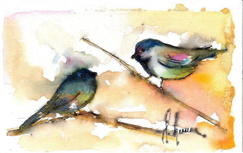 Leticia Herrera, Pajaritos (Vögel, klein, niedlich, Aquarell, Malerei, modern, zeitgenössisch,   Wunschgröße, Wohnzimmer,  Treppenhaus, Wunschgröße, bunt)