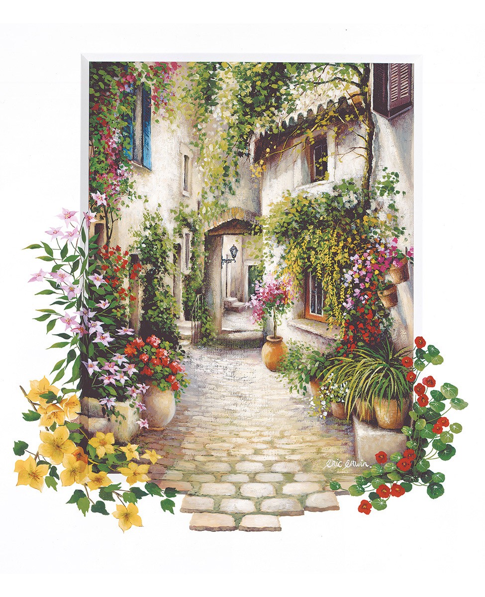 Eric Erwin, Dans la petite ville fleurie (Innenhof, Blumen, Blüten, mediterran, südländisch, Idylle, Nostalgie, Sommer, Urlaub, Treppenhaus, Wohnzimmer, Wunschgröße, Malerei, bunt)