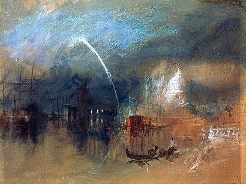 Joseph Mallord William Turner, Venedig, Santa Maria della Salute bei Nacht mit Raketen. Um 1840 (Turner,Joseph Mallord William,1775-1851,London,Tate Gallery,Aquarell mit Deckfarben,19. Jahrhundert,auf Papier,Joseph Mallord William Turner,Venedig,Nacht,Dunkel,Kuppel,Gondel,Santa Maria della Salute)