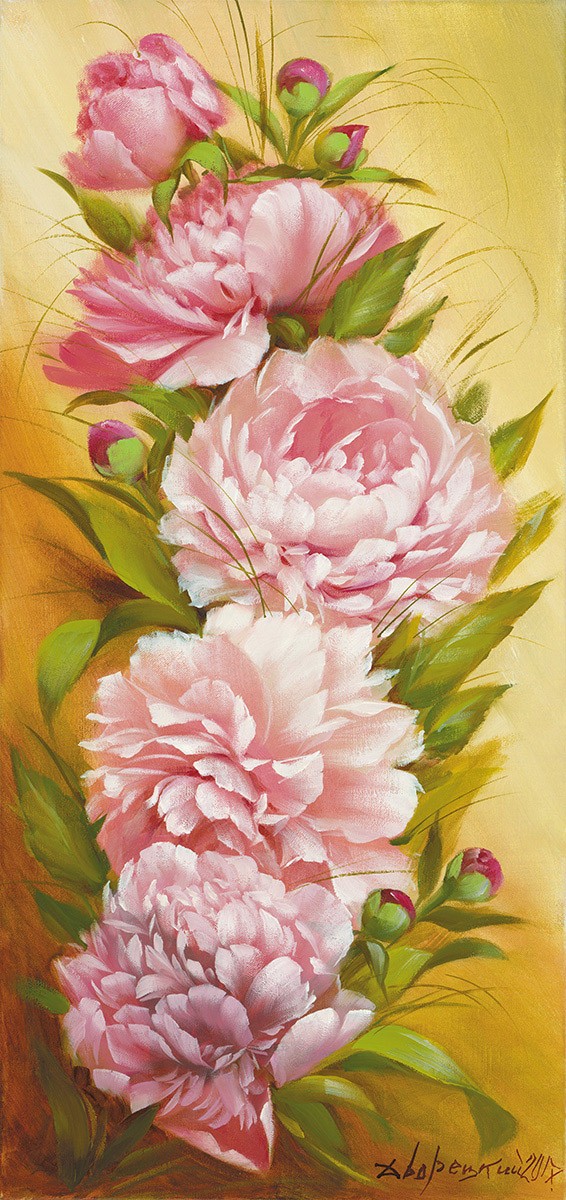 Petrovich Dvoretskiy, Roses Bloom (Blumen, Bouquet, Stillleben,  Rosen, Pfingstrosen, üppig, Malerei, Treppenhaus, Esszimmer, Wohnzimmer, Wunschgröße, bunt)