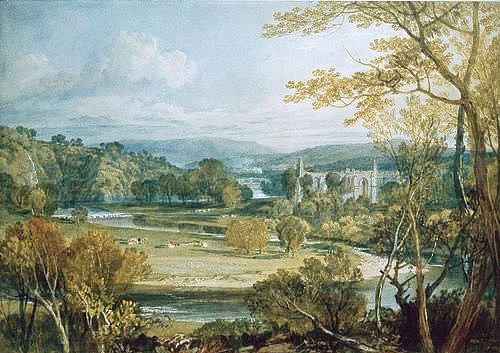 Joseph Mallord William Turner, Blick zur Bolton Abbey, Yorkshire. 1809 (Turner,Joseph Mallord William,1775-1851,London,British Museum,Aquarell,19. Jahrhundert,England,englisch,Turner, Joseph Mallord William Turner,Aquarell mit Auskratzungen,Wharfedale,Bolton Abbey,Yorkshire,Sehenswürdigkeit,Landschaft,Flusslandschaft,Wiesen,F)