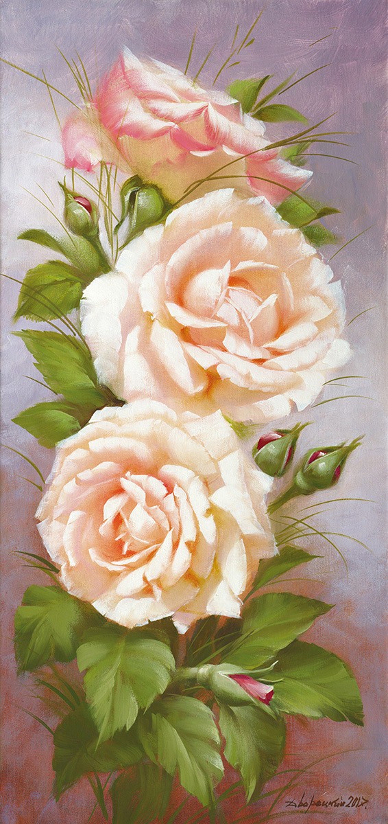 Petrovich Dvoretskiy, Spring Beauty I (Blumen, Bouquet, Stillleben,  Rosen, üppig, Malerei, Treppenhaus, Esszimmer, Wohnzimmer, Wunschgröße, bunt)