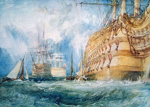 Joseph Mallord William Turner, Die Ausrüstung eines Kriegsschiffes erster Klasse. 1818 (Turner,Joseph Mallord William,1775-1851,Bedford,Higgins Art Gallery,Aquarell und Bleistift,19. Jahrhundert,weiß gehöht,Turner, Joseph Mallord William Turner,Schiff,Schiffe,Marine,Flotte,Marine,Meer,Großbritannien,britisch,Kriegsschiff)